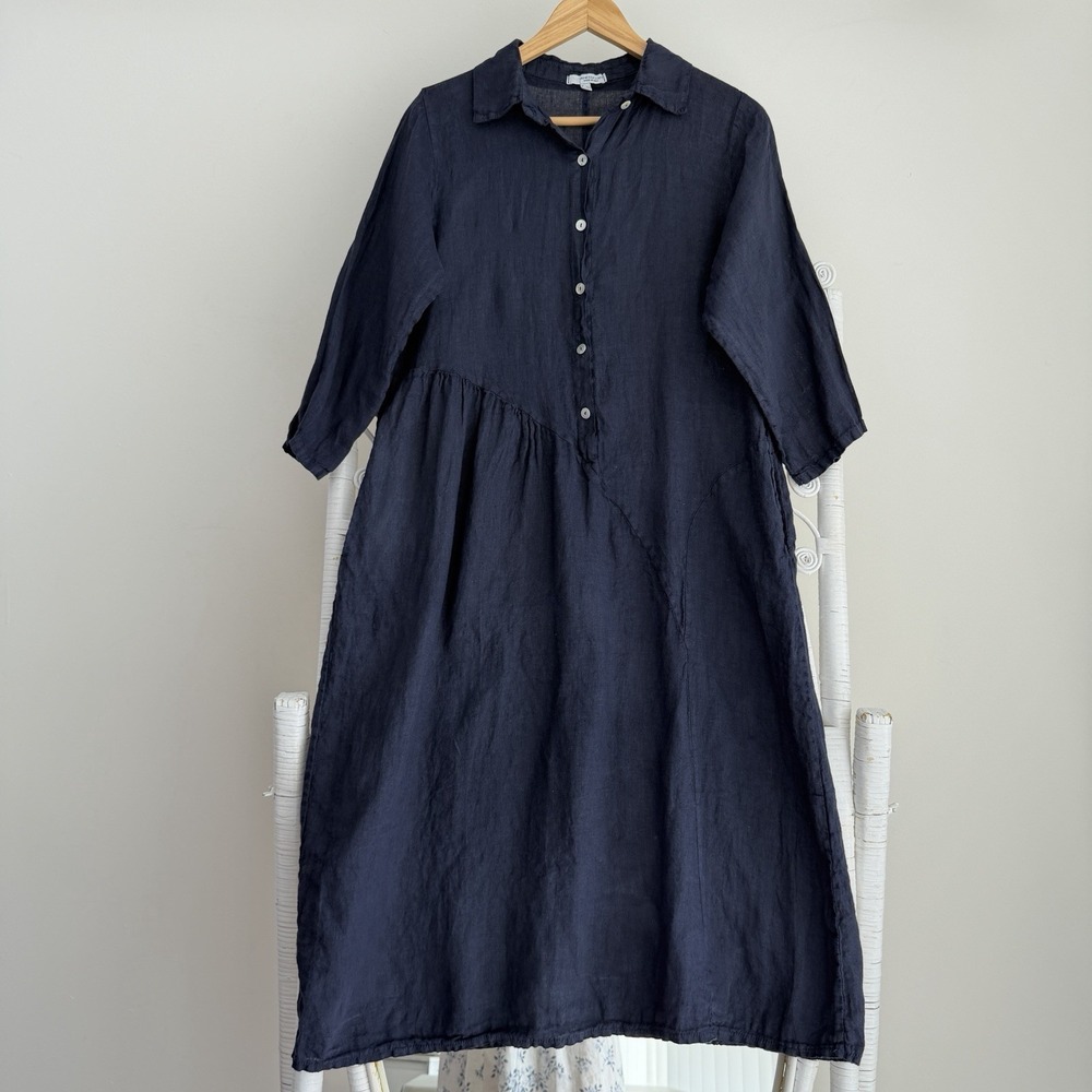 Italian 100% Linen Dress Medium Navy Midi Pockets Lagenlook Minimalist Boho